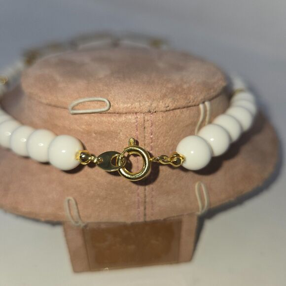 Vintage White Beaded Porcelain Tile Statement Chunky Bib Necklace 20" - Picture 3 of 9